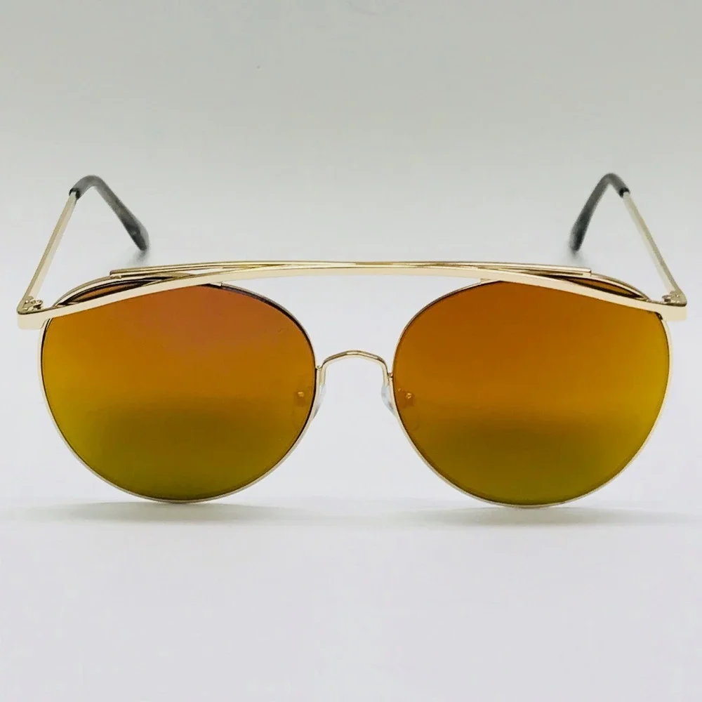 Sunglasses Round Fire Orange Mirrored Lens Gold Frame‎ Bech Party Luxury Lentes